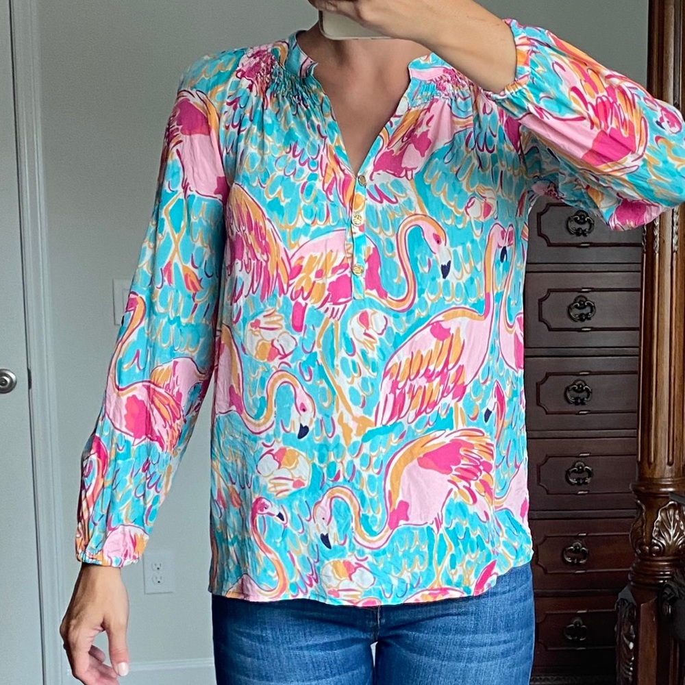 EUC Lilly Pulitzer Silk Elsa Top Flamingo, Size XS